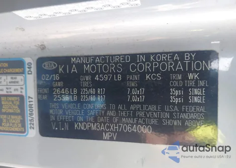 2017 Kia Sportage Lx z USA, uszkodzony, nr VIN KNDPM3ACXH7064000